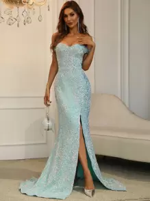 一字肩高衩亮片舞會連衣裙 - 薄荷綠 - 查看 5