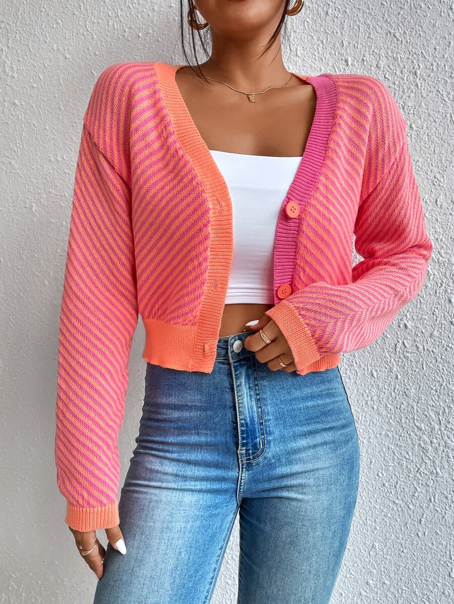 SHEIN Essnce Nữ Cardigans Nút phía trước Sọc Giải trí - Nhiều màu - Xem 1
