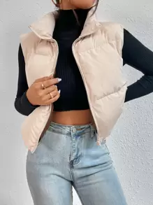 SHEIN EZwear Women's Solid Color Zip Front Casual Vest Jacket, Winter - Apricot - View 3