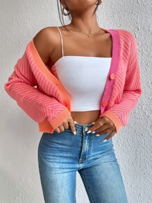 SHEIN Essnce Nữ Cardigans Nút phía trước Sọc Giải trí - Nhiều màu - Xem 3