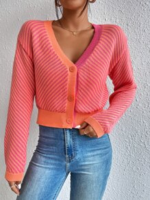 SHEIN Essnce Nữ Cardigans Nút phía trước Sọc Giải trí - Nhiều màu - Xem 5