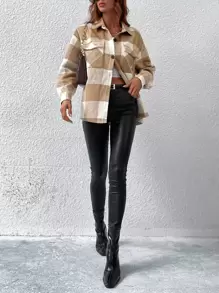 Buffalo Plaid Print Drop Shoulder Flap Pocket Tweed Overcoat - Khaki - View 1