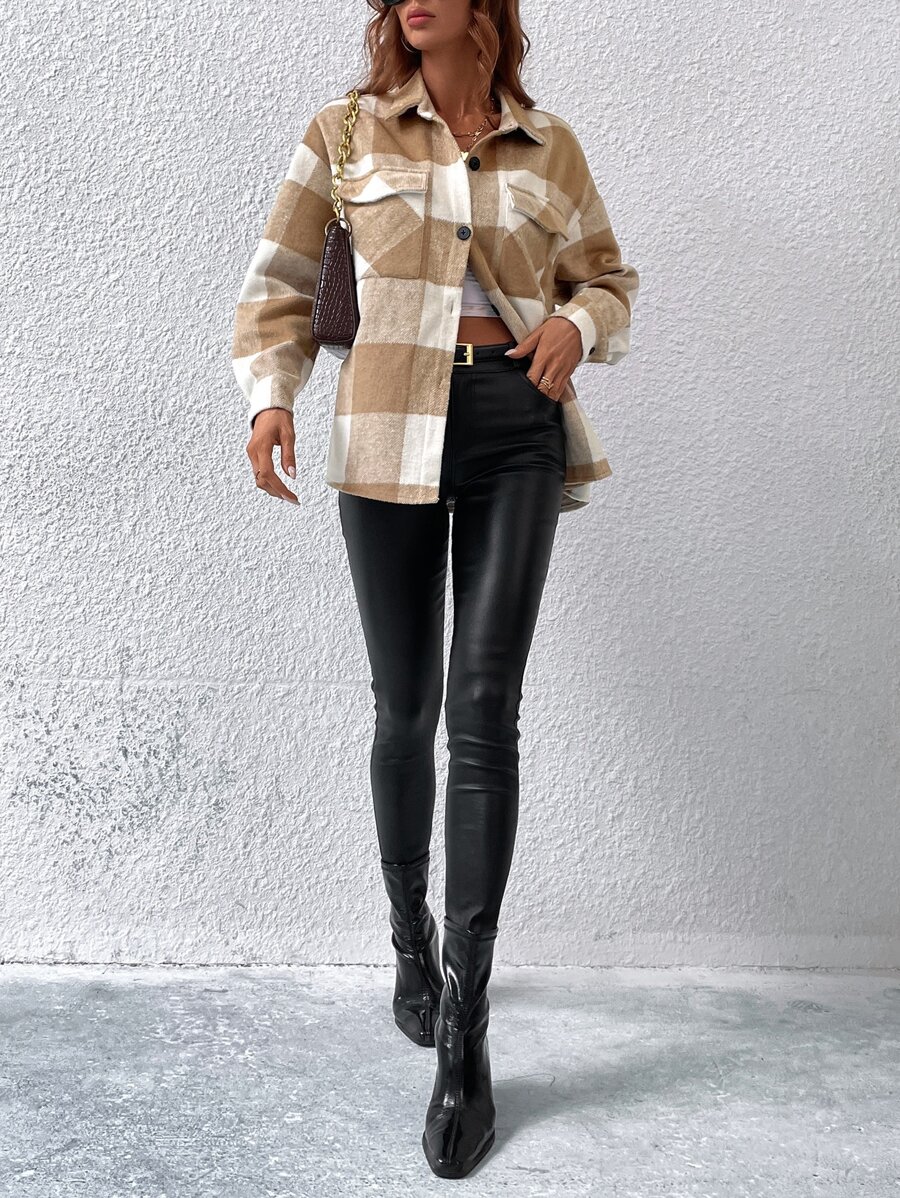 Buffalo Plaid Print Drop Shoulder Flap Pocket Tweed Overcoat - Khaki - View 1