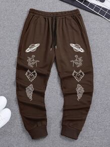 ROMWE MEN Quần thể thao Nam Dây kéo Túi Thắt nơ trước Đồ họa Tim - Cà phê nâu - Xem 1