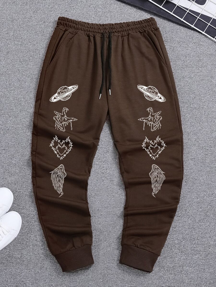 ROMWE MEN Quần thể thao Nam Dây kéo Túi Thắt nơ trước Đồ họa Tim - Cà phê nâu - Xem 1