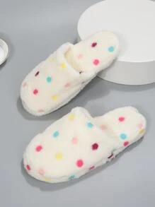 波卡圓點刺繡毛茸茸臥室拖鞋 - 米色 - 查看 3