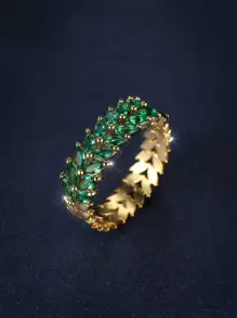 Vanel Anillo decorado con piedra Cz en forma de hoja, a la moda, con ajuste de garra, adecuado para uso diario o citas, 1 pieza - Verde - Ver 1