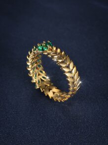 Vanel Anillo decorado con piedra Cz en forma de hoja, a la moda, con ajuste de garra, adecuado para uso diario o citas, 1 pieza - Verde - Ver 2