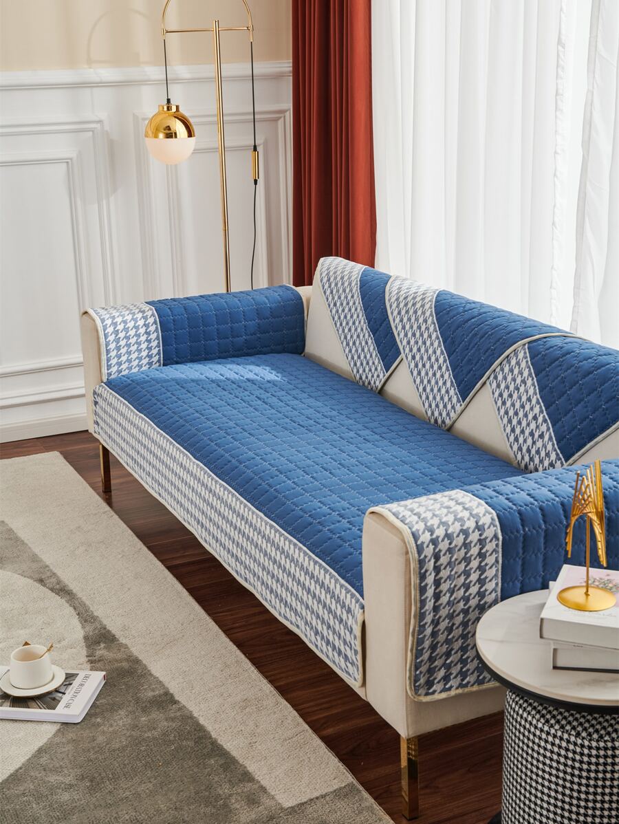 1pc Houndstooth Decor Waffle Quilted Sofa Cover - Royal Blue - View 1