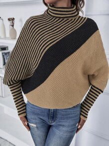 SHEIN LUNE Jersey con patrón de rayas cuello alto de manga murciélago