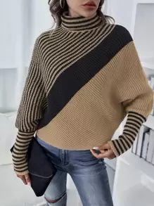 SHEIN LUNE Jersey con patrón de rayas cuello alto de manga murciélago