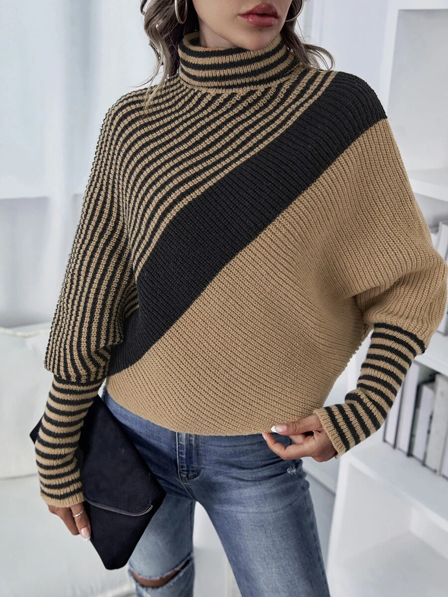 SHEIN LUNE Jersey con patrón de rayas cuello alto de manga murciélago