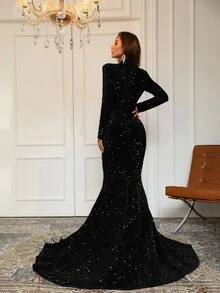 Váy dạ hội đính sequin cổ lưới màu đen thanh lịch dài tay trang trọng cho tiệc cưới, dự tiệc tốt nghiệp, tiệc tối - màu đen - Xem 2