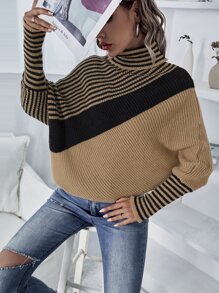 SHEIN LUNE Jersey con patrón de rayas cuello alto de manga murciélago
