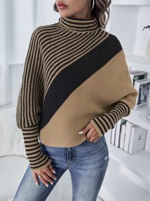 SHEIN LUNE Jersey con patrón de rayas cuello alto de manga murciélago