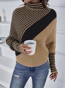 SHEIN LUNE Jersey con patrón de rayas cuello alto de manga murciélago