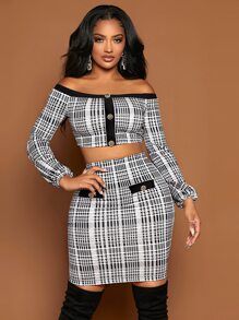 SHEIN SXY 千鳥格一字肩短款上衣和包臀半身裙 - 黑與白 - 查看 1