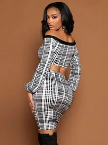 SHEIN SXY 千鳥格一字肩短款上衣和包臀半身裙 - 黑與白 - 查看 2