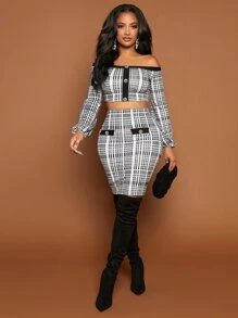 SHEIN SXY 千鳥格一字肩短款上衣和包臀半身裙 - 黑與白 - 查看 3