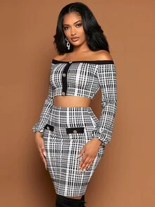 SHEIN SXY 千鳥格一字肩短款上衣和包臀半身裙 - 黑與白 - 查看 5