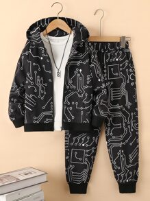 SHEIN Boys Graphic Hooded Jacket & Joggers Without Tee - Black - View 1