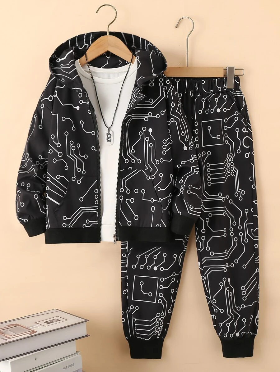 SHEIN Boys Graphic Hooded Jacket & Joggers Without Tee - Black - View 1
