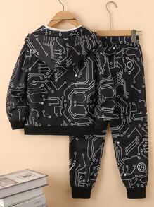 SHEIN Boys Graphic Hooded Jacket & Joggers Without Tee - Black - View 2
