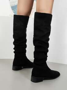 Minimalist Suedette Slip On Slouchy Boots - Black - View 2