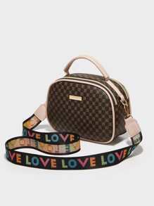 Geometric Pattern Metal Decor Satchel Bag Geo Print Square Handbag, Vintage Pu Zipper Purse, Women's Small Crossbody Bag Polka Dot Print Handbag, Fashion Small Crossbody Bag, Women's Double Zipper Purse