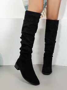 Minimalist Suedette Slip On Slouchy Boots - Black - View 3