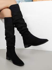Minimalist Suedette Slip On Slouchy Boots - Black - View 4