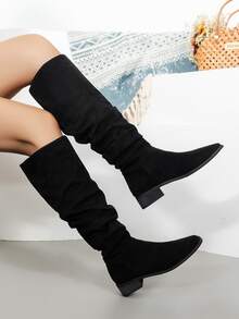 Minimalist Suedette Slip On Slouchy Boots - Black - View 6