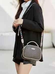 Geometric Pattern Metal Decor Satchel Bag Geo Print Square Handbag, Vintage Pu Zipper Purse, Women's Small Crossbody Bag Polka Dot Print Handbag, Fashion Small Crossbody Bag, Women's Double Zipper Purse