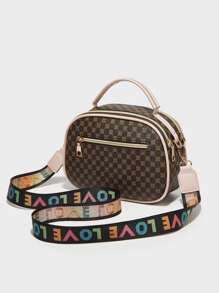 Geometric Pattern Metal Decor Satchel Bag Geo Print Square Handbag, Vintage Pu Zipper Purse, Women's Small Crossbody Bag Polka Dot Print Handbag, Fashion Small Crossbody Bag, Women's Double Zipper Purse