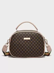 Geometric Pattern Metal Decor Satchel Bag Geo Print Square Handbag, Vintage Pu Zipper Purse, Women's Small Crossbody Bag Polka Dot Print Handbag, Fashion Small Crossbody Bag, Women's Double Zipper Purse