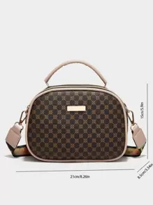 Geometric Pattern Metal Decor Satchel Bag Geo Print Square Handbag, Vintage Pu Zipper Purse, Women's Small Crossbody Bag Polka Dot Print Handbag, Fashion Small Crossbody Bag, Women's Double Zipper Purse