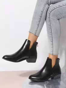 Zip Back Chunky Heeled Booties - Black - View 1