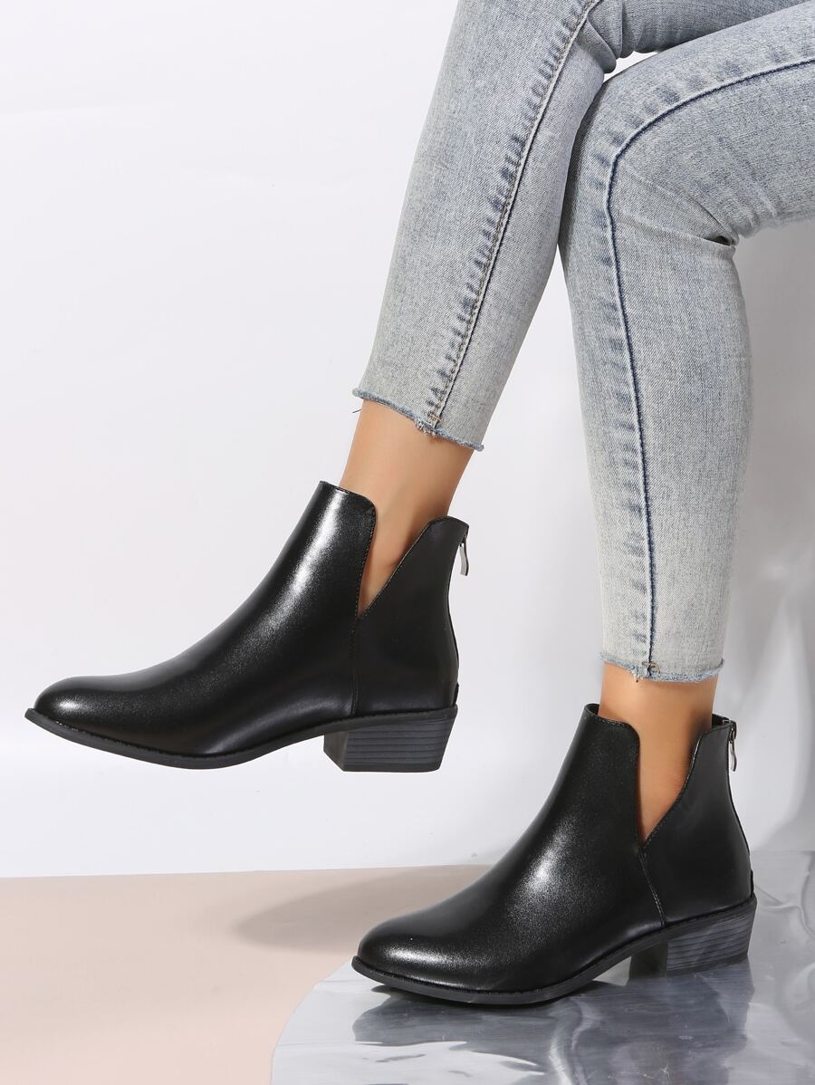 Zip Back Chunky Heeled Booties - Black - View 1
