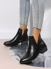 Zip Back Chunky Heeled Booties - Black - View 3