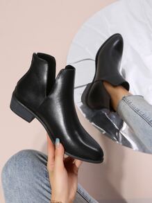Zip Back Chunky Heeled Booties - Black - View 4