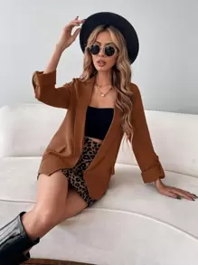 Calvaya Flap Detail Roll Tab Sleeve Blazer Fall Cloth For Women - Rust Brown - View 4