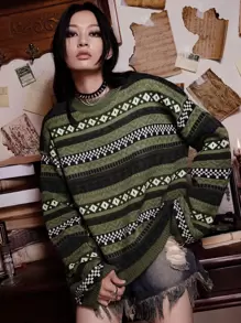 ROMWE Academia 暗黑學院風幾何圖案落肩袖套頭毛衣 - 彩色 - 查看 1