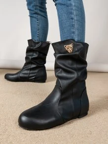 豹紋頭部裝飾一腳蹬褶皺靴 - 黑色 - 查看 1