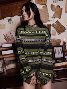 ROMWE Academia 暗黑學院風幾何圖案落肩袖套頭毛衣 - 彩色 - 查看 5