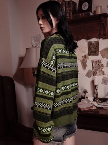 ROMWE Academia 暗黑學院風幾何圖案落肩袖套頭毛衣 - 彩色 - 查看 6