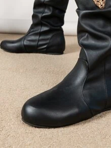 豹紋頭部裝飾一腳蹬褶皺靴 - 黑色 - 查看 3