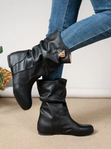 豹紋頭部裝飾一腳蹬褶皺靴 - 黑色 - 查看 4