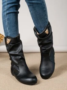 豹紋頭部裝飾一腳蹬褶皺靴 - 黑色 - 查看 5