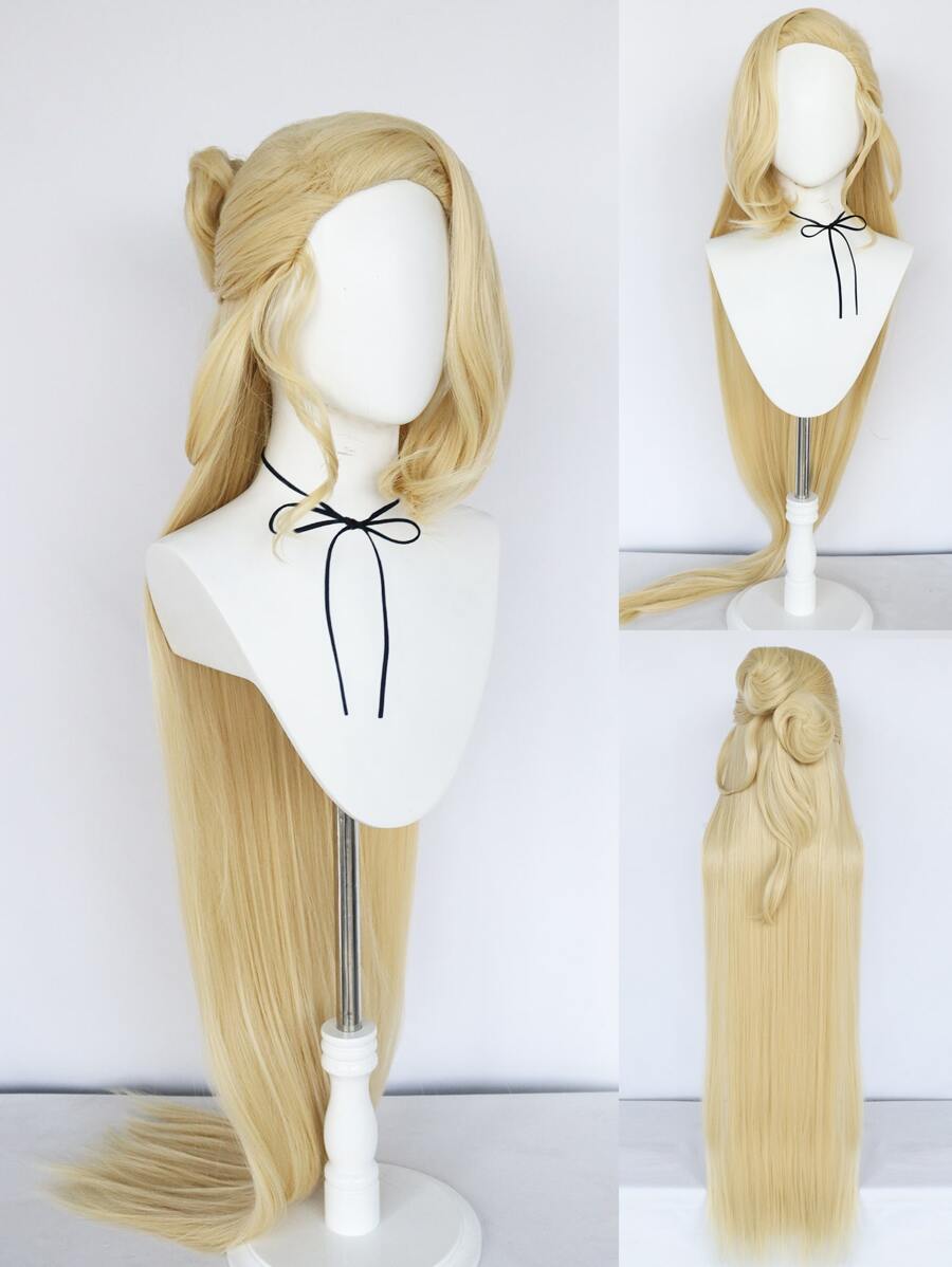 1pc Long Straight Cosplay Synthetic Wig & 1pc Wig Cap - Gold - View 1