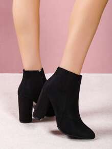 Women's Elegant Solid Color Fashionable Boots With Back Zipper, Thick Heel, And Classic Suede Texture, Black - Black - View 4